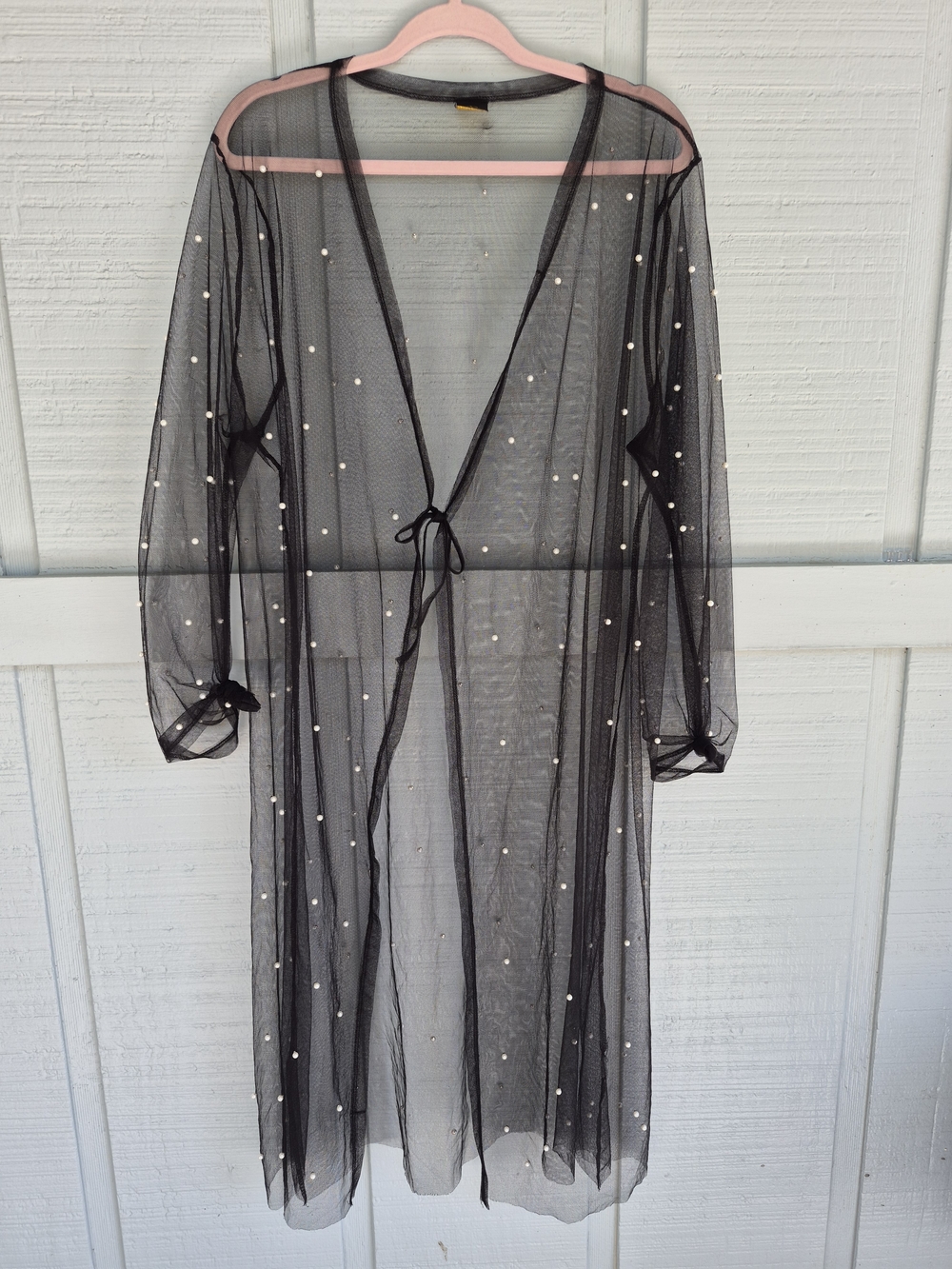 Sheer Black Pearl-Accent Tie-Front Swim Coverup 2X Resortwear Beach Coastal Chic